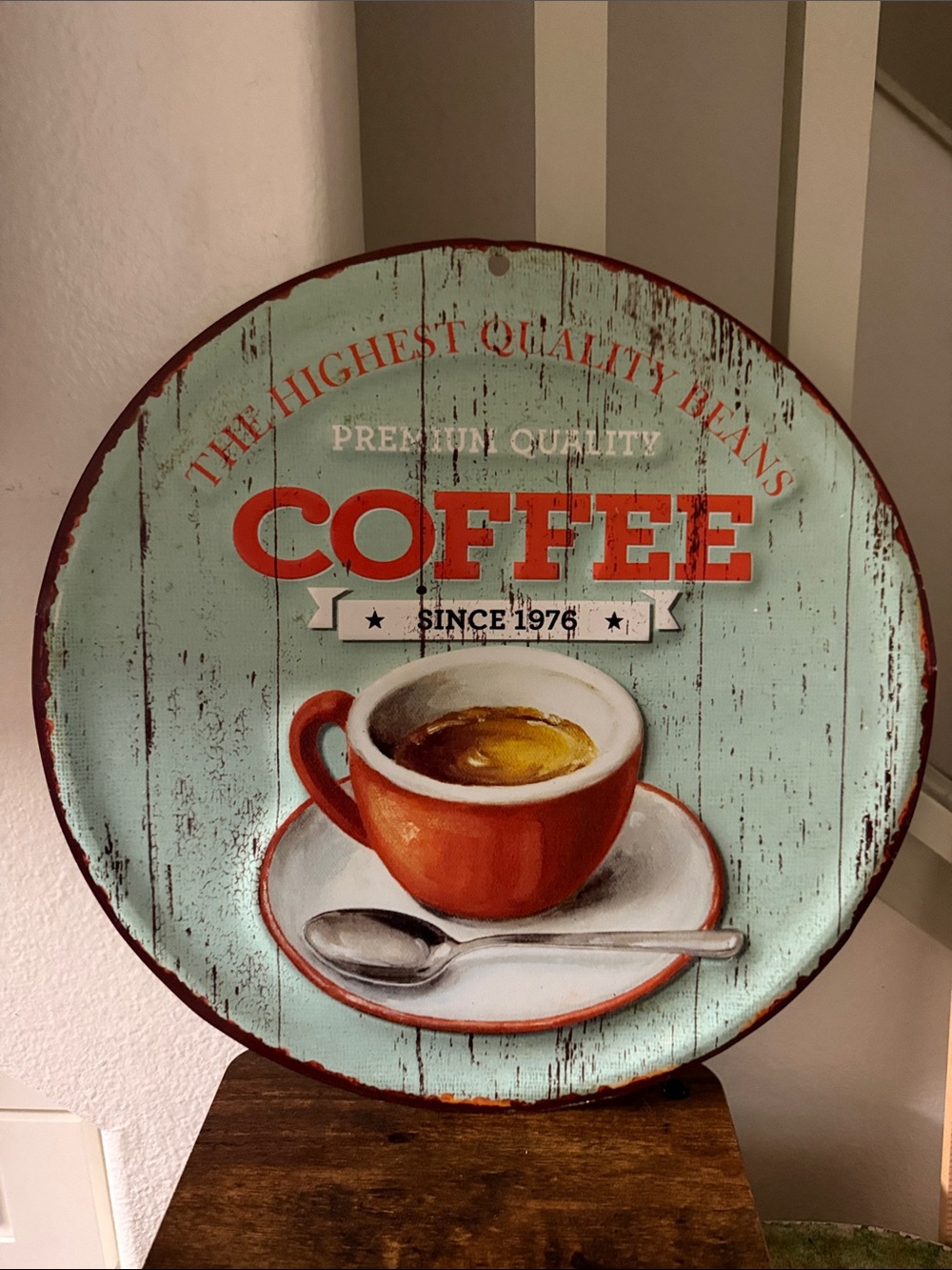 Vintage-Style Coffee Wall Sign - Red Cup on Mint Background